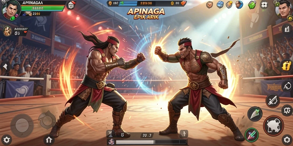 Screenshot gameplay APINAGA menampilkan pertarungan seru dan karakter menarik.