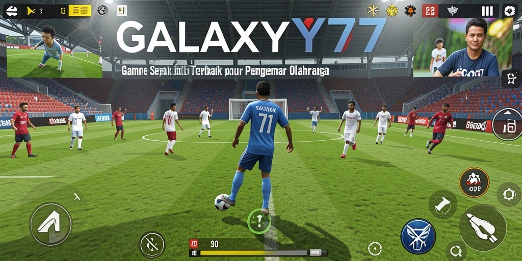 Screenshot gameplay GALAXY77 menampilkan aksi seru di lapangan sepak bola.